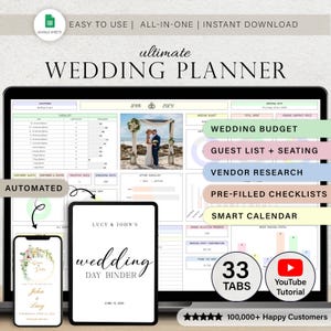 May include: A digital wedding planner displayed on a laptop, tablet, and phone. The planner includes sections for budget, guest lists, and vendor research. The text reads "ultimate WEDDING PLANNER" and "wedding DAY BINDER". The image also includes a YouTube tutorial link.