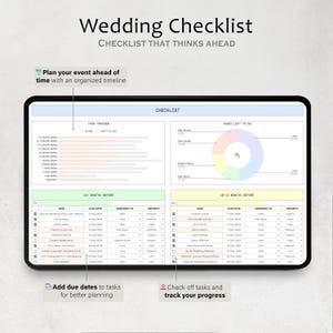 May include: A digital wedding checklist displayed on a tablet. The checklist includes sections for task tracking, due dates, and assigned responsibilities. The text reads "Wedding Checklist" and "Checklist That Thinks Ahead."