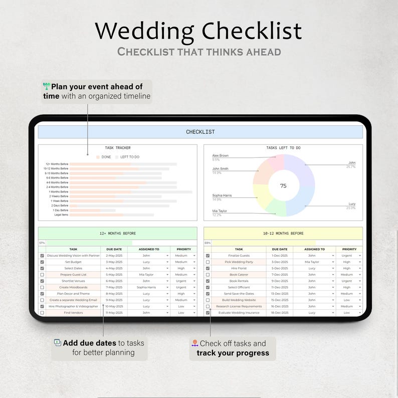 May include: A digital wedding checklist displayed on a tablet. The checklist includes sections for task tracking, due dates, and assigned responsibilities. The text reads "Wedding Checklist" and "Checklist That Thinks Ahead."