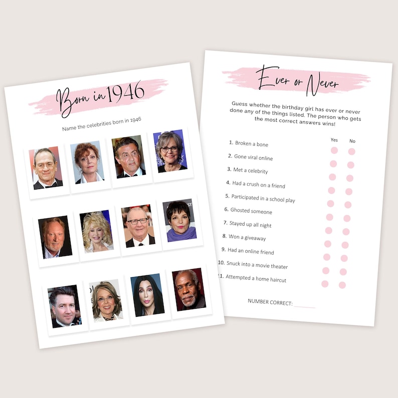 May include: Two printable game sheets. One sheet says "Born in 1946" and features celebrity photos. The other sheet says "Ever or Never" with a list of questions and yes/no bubbles for answers. Both sheets have pink accents.