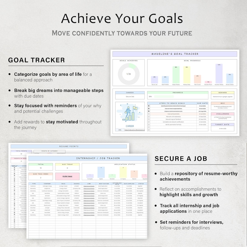 May include: A digital goal tracker and job tracker with the text "Achieve Your Goals" and "Secure a Job". The goal tracker includes sections for career, rewards, and challenges. The job tracker has sections for resume points and application status.