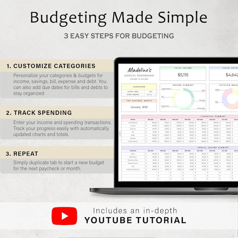 May include: A laptop screen displaying a budgeting spreadsheet with a pink, green, and blue color scheme. The spreadsheet includes sections for income, expenses, and a financial summary. The text on the screen reads "Madeline's Annual Dashboard" and "January: $133". The text on the screen also includes the total income of $5,115 and the total outflow of $4,642. The image also includes a play button with the text "Includes an in-depth YouTube Tutorial".