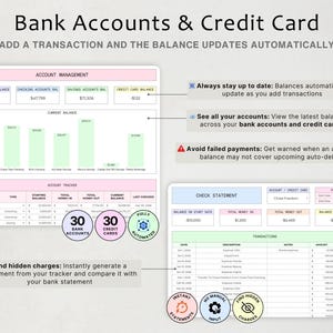 以下が含まれることがあります： 「Bank Accounts & Credit Card」と題されたデジタル財務スプレッドシート。棒グラフ付きの口座管理ダッシュボード、口座追跡テーブル、明細書セクションで構成されています。30の銀行口座、30のクレジットカードを示すアイコンが含まれ、残高更新や取引監視を説明するテキストラベルが付いた自動化機能が示されています。