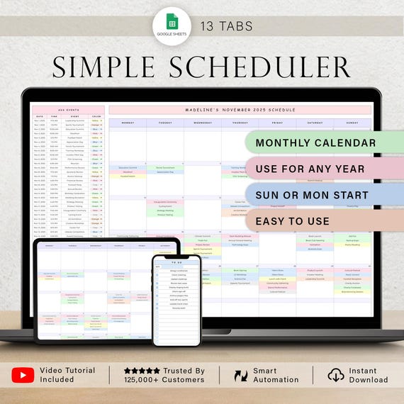 Simple Scheduler Monthly Spreadsheet Digital Calendar Template Daily Planner For Events Business Meeting Tracker Schedule Google Sheets