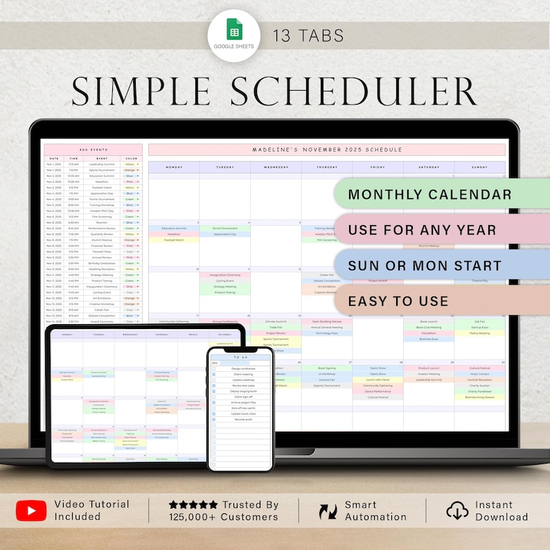 May include: A digital planner displayed on a laptop, tablet, and phone. The planner features a monthly calendar, with the text "Simple Scheduler" at the top. Additional text includes "Monthly Calendar," "Use for Any Year," "Sun or Mon Start," and "Easy to Use."