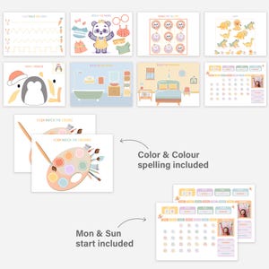 May include: A collection of educational printables for children, featuring colorful illustrations and activities. Includes tracing, matching, and puzzle games, along with calendars. The text on the image says "Color & Colour spelling included" and "Mon & Sun start included".