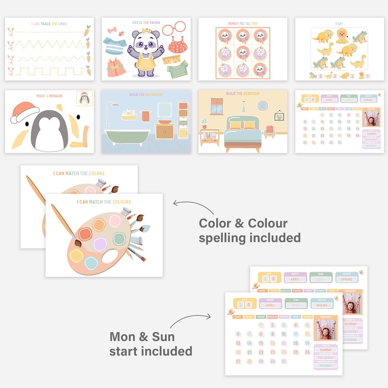 May include: A collection of educational printables for children, featuring colorful illustrations and activities. Includes tracing, matching, and puzzle games, along with calendars. The text on the image says "Color & Colour spelling included" and "Mon & Sun start included".