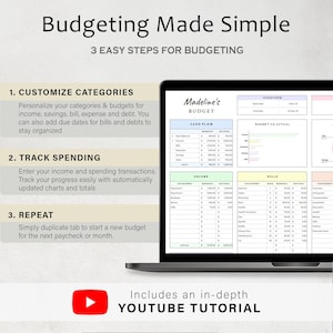 May include: A laptop screen displaying a budgeting spreadsheet with the title "Madeline's Budget". The spreadsheet includes categories for cash flow, income, bills, and other expenses. The image also includes text that reads "Budgeting Made Simple" and "3 Easy Steps for Budgeting".
