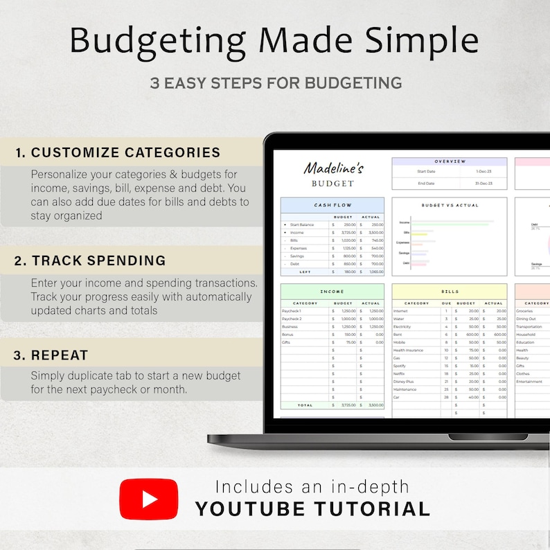 May include: A laptop screen displaying a budgeting spreadsheet with the title "Madeline's Budget". The spreadsheet includes categories for cash flow, income, bills, and other expenses. The image also includes text that reads "Budgeting Made Simple" and "3 Easy Steps for Budgeting".