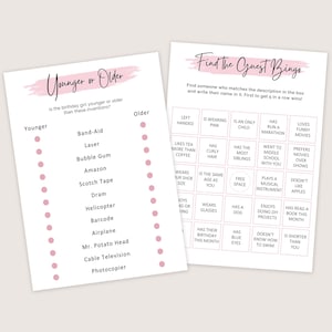 May include: Two printable party games on white paper. One game is titled "Younger or Older" with a list of inventions. The other is "Find the Guest Bingo" with various descriptions. Both games have pink accents.