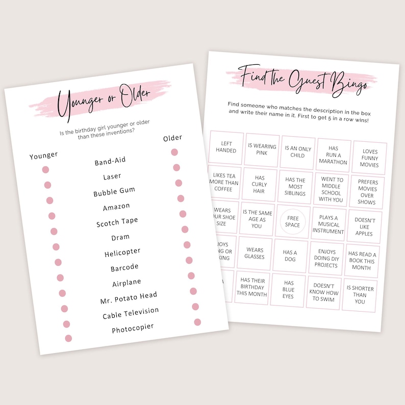 May include: Two printable party games on white paper. One game is titled "Younger or Older" with a list of inventions. The other is "Find the Guest Bingo" with various descriptions. Both games have pink accents.