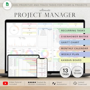 May include: A project management template is displayed on a laptop, tablet, and smartphone. The screen shows charts, graphs, and task lists. Text includes "ultimate PROJECT MANAGER", "Recurring Tasks", "Eisenhower Matrix", and "13 Tabs".