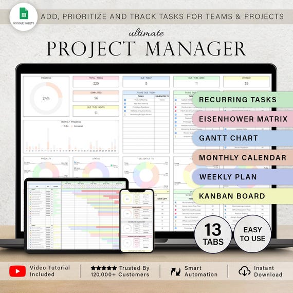 Project Management Spreadsheet Team Project Manager Template Task Tracker Kanban Board Gantt Chart Eisenhower Matrix Timeline Google Sheets