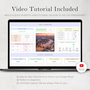 May include: A laptop screen displaying a spreadsheet with a travel itinerary and budget overview. The spreadsheet includes sections for countdown, destination, checklist, packing status, and budget overview. The spreadsheet is designed to help travelers plan and track their trips. The screen also includes a YouTube icon with the text "Watch on YouTube".