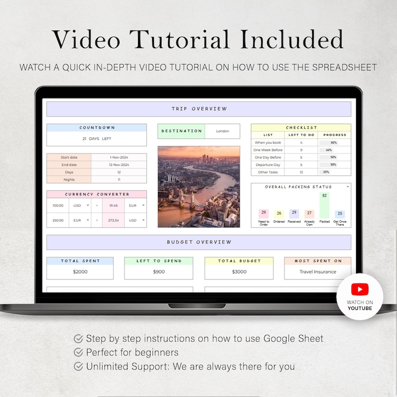 May include: A laptop screen displaying a spreadsheet with a travel itinerary and budget overview. The spreadsheet includes sections for countdown, destination, checklist, packing status, and budget overview. The spreadsheet is designed to help travelers plan and track their trips. The screen also includes a YouTube icon with the text "Watch on YouTube".