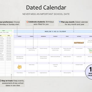 Może przedstawiać: Cyfrowy szablon kalendarza z datami zatytułowany Madeline's Aug-26 Calendar z układem siatki dla dni tygodnia, kolumną boczną na daty wydarzeń, ikoną niebieskiego długopisu oraz okrągłą odznaką z napisem 12 monthly calendars.