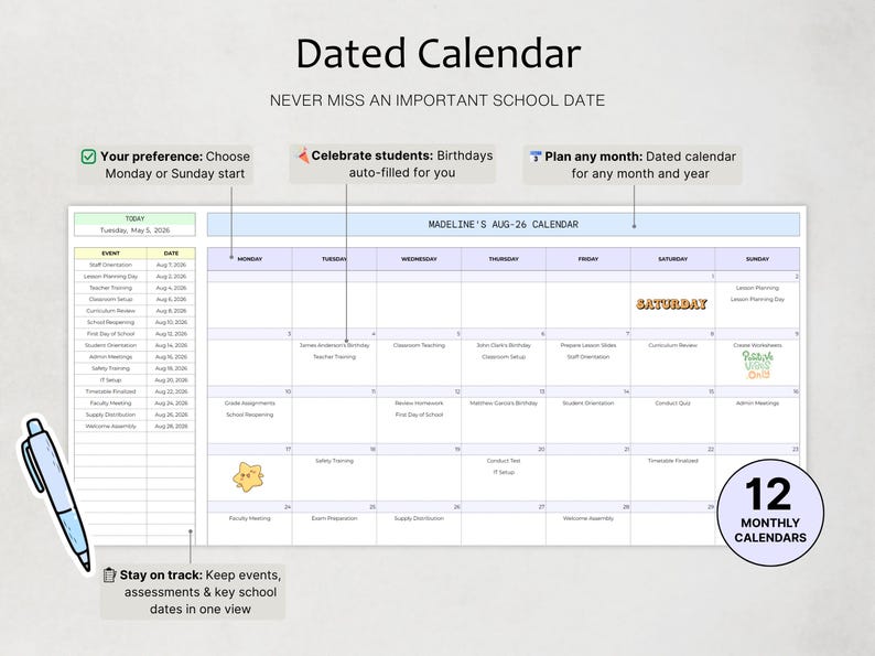 Może przedstawiać: Cyfrowy szablon kalendarza z datami zatytułowany Madeline's Aug-26 Calendar z układem siatki dla dni tygodnia, kolumną boczną na daty wydarzeń, ikoną niebieskiego długopisu oraz okrągłą odznaką z napisem 12 monthly calendars.