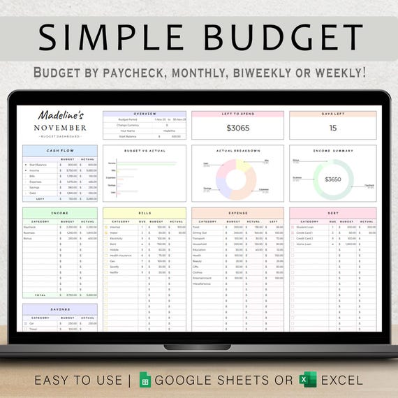Budget Planner Google Sheet Monthly Budget Spreadsheet Paycheck Budget Template Simple Weekly Financial Planner Beginners Biweekly Budgeting