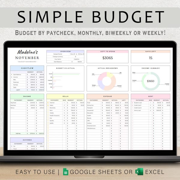 Budget Planner Google Sheet Monthly Budget Spreadsheet Paycheck Budget Template Simple Weekly Financial Planner Beginners Biweekly Budgeting
