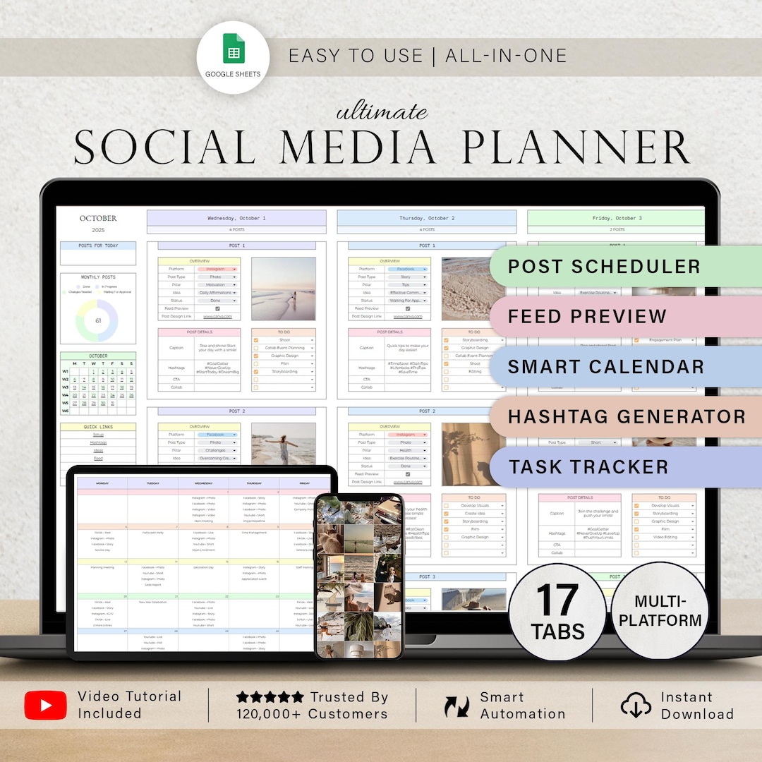 Social Media Planner Spreadsheet Monthly Content Calendar Influencer Template TikTok Insta