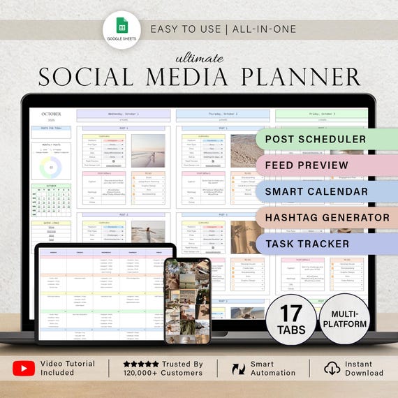 Social Media Planner Spreadsheet Monthly Content Calendar Influencer Template TikTok Instagram Youtube Facebook Pinterest Post Google Sheets