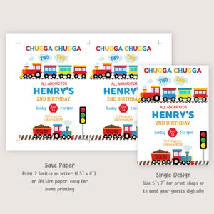 May include: Two printable invitations for a child's second birthday party. The invitations feature a colorful train with the text "All Aboard for Henry's 2nd Birthday". The invitations are designed for printing on letter or A4 size paper.