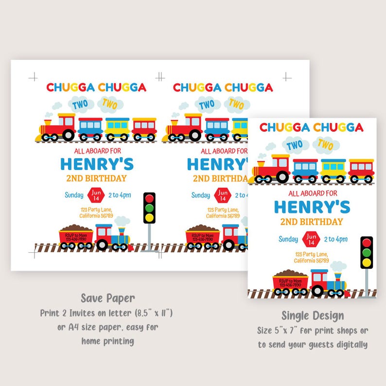 May include: Two printable invitations for a child's second birthday party. The invitations feature a colorful train with the text "All Aboard for Henry's 2nd Birthday". The invitations are designed for printing on letter or A4 size paper.