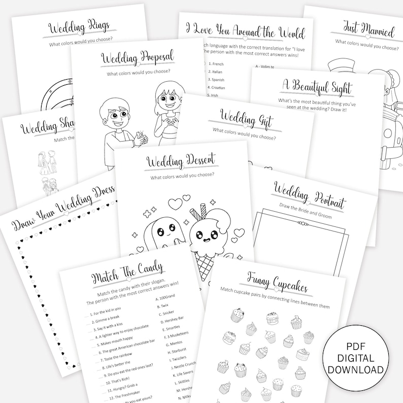 May include: A set of printable wedding-themed coloring pages. The pages include prompts for guests to color in, such as wedding rings, a wedding dress, a wedding portrait, and a wedding dessert. The pages also include prompts for guests to write in, such as "What colors would you choose?" and "Match the candy with their slogan."