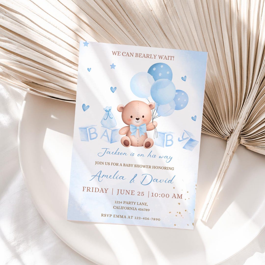 We Can Bearly Wait Baby Shower Invitation Boy Boho Blue Teddy Bear Baby ...