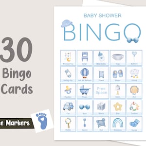 Azul Baby Shower Bingo Juego 30 Cartas Niño Baby Shower Juegos de Fiesta Baby Shower Actividad Pareja Ducha Tarjetas de Bingo Bebé Niño IMPRIMIBLE Digital