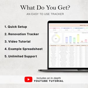 Peut inclure: Un &eacute;cran d'ordinateur portable affiche un tableur de suivi de r&eacute;novation avec une barre de progression et des donn&eacute;es financi&egrave;res. Le texte &agrave; l'&eacute;cran comprend "Quick Setup", "Renovation Tracker" et "Video Tutorial". L'image pr&eacute;sente &eacute;galement le texte "What Do You Get?" et "Includes an in-depth YOUTUBE TUTORIAL."