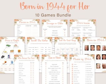 Juegos de cumpleaños número 80 para mujeres Juegos de fiesta de cumpleaños número 80 para ella Nacido en 1944 Juego 1944 Trivia Quiz Activity Bundle Digital Instant PRINTABLE