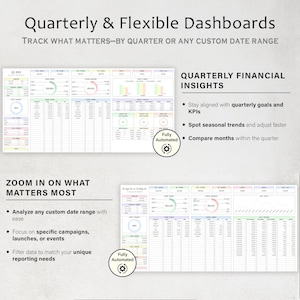 May include: A digital graphic with the text "Quarterly & Flexible Dashboards" and financial data charts. The image highlights features like custom date ranges, campaign analysis, and automated reporting. The design includes a light background with colorful charts.