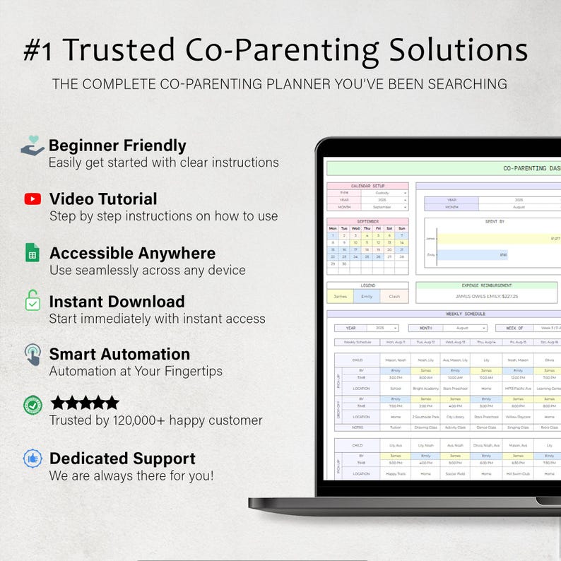May include: A laptop displays a co-parenting planner interface. The screen shows a calendar setup and weekly schedule. Text on the screen includes "#1 Trusted Co-Parenting Solutions" and "Beginner Friendly." The planner is designed for easy access and instant download.