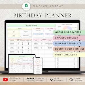 May include: A digital birthday planner displayed on a laptop, tablet, and phone. The planner includes sections for guest lists, expenses, and itineraries. Text on the screen reads "Birthday Planner," "Guest List Tracker," and "Expense Tracker."