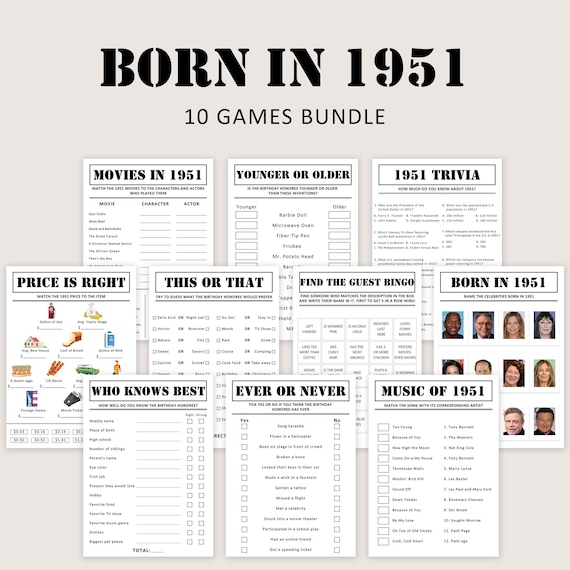 75th Birthday Games Bundle 75th Birthday Party Games 1951 Trivia Born in 1951 75 Year Old Men Women Him Her Quiz Printable Instant Digital