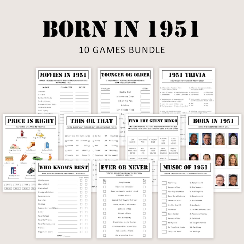 Puede incluir: Un conjunto de diez juegos imprimibles con el tema de 1951. Los juegos incluyen trivia, bingo y actividades de emparejamiento. El texto "BORN IN 1951" est&aacute; en la parte superior. Los juegos est&aacute;n impresos en papel blanco con texto negro.