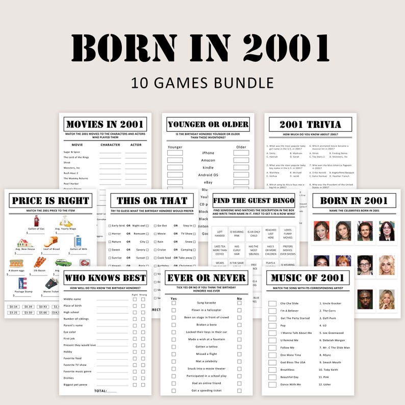 25th Birthday Games Bundle 25th Birthday Party Games 2001 Trivia Born ...