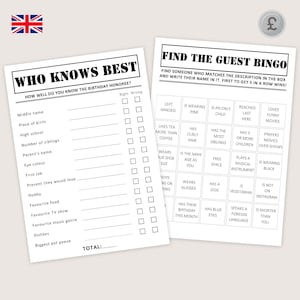 May include: Two white paper sheets with black text. One sheet reads "WHO KNOWS BEST" with fill-in-the-blank questions. The other sheet is "FIND THE GUEST BINGO" with descriptive boxes. A British flag is in the upper left.