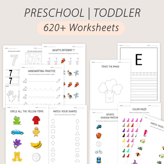 Preschool Worksheets Toddler Workbook Pre-K Curriculum Activity PreK Learning Busy Book Teaching Alphabet Number Shape Color Pages PRINTABLE