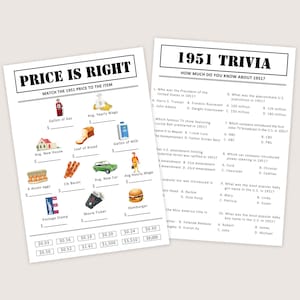 Puede incluir: Dos hojas impresas con preguntas de trivia vintage y un juego de emparejamiento de precios de 1951. La hoja de trivia hace preguntas sobre el a&ntilde;o, mientras que el juego de precios presenta ilustraciones de art&iacute;culos.