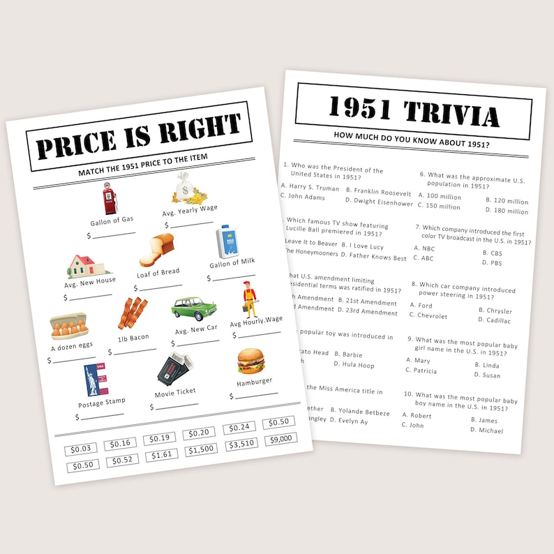 Puede incluir: Dos hojas impresas con preguntas de trivia vintage y un juego de emparejamiento de precios de 1951. La hoja de trivia hace preguntas sobre el a&ntilde;o, mientras que el juego de precios presenta ilustraciones de art&iacute;culos.