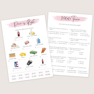 May include: Two printable sheets with a pink watercolor wash background. One sheet is titled "Price is Right" and features illustrations of items like a gallon of gas and a new house. The other sheet is titled "1966 Trivia".