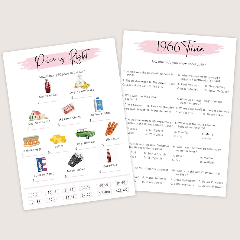 May include: Two printable sheets with a pink watercolor wash background. One sheet is titled "Price is Right" and features illustrations of items like a gallon of gas and a new house. The other sheet is titled "1966 Trivia".