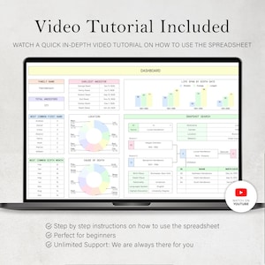 May include: A laptop displays a spreadsheet with data visualizations, including charts and graphs. The screen shows a dashboard with family history information, including names, dates, and locations. Text at the top reads "Video Tutorial Included". A YouTube icon is visible.