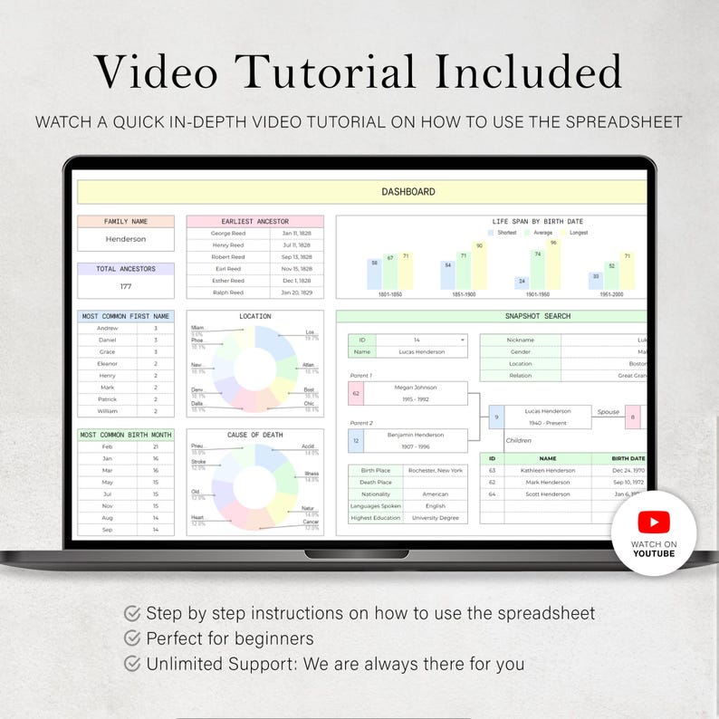 May include: A laptop displays a spreadsheet with data visualizations, including charts and graphs. The screen shows a dashboard with family history information, including names, dates, and locations. Text at the top reads "Video Tutorial Included". A YouTube icon is visible.