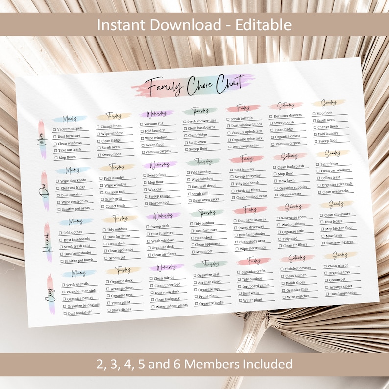 May include: A printable family chore chart with a pink, green, and blue watercolor background. The chart is divided into seven days of the week and lists various chores for each day. The chart includes space for 2, 3, 4, 5, and 6 members.