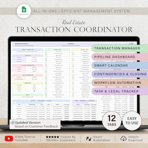 以下が含まれることがあります： 不動産取引コーディネーターのテンプレートが表示されたラップトップの画面。スプレッドシートには、買い手、売り手、取引の詳細に関するセクションが含まれています。テキストには「Transaction Manager」、「Pipeline Dashboard」、「Smart Calendar」が含まれています。