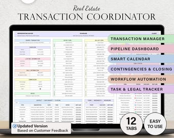 Coordinateur des transactions Suivi des transactions immobilières Modèle de liste de contrôle pour agent immobilier Planificateur Feuille de calcul Suivi des clients en pipeline Google Sheets