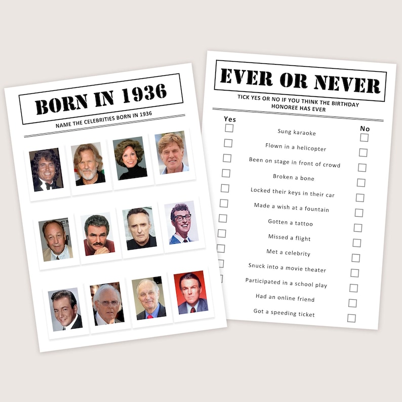 May include: Two white paper game sheets. One says "BORN IN 1936" with celebrity photos. The other says "EVER OR NEVER" with a list of questions. The game sheets are for a birthday party.